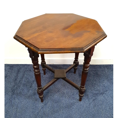 434 - EDWARDIAN MAHOGANY WINDOW TABLE
with an octagonal top on ring turned supports united by a stretcher,... 