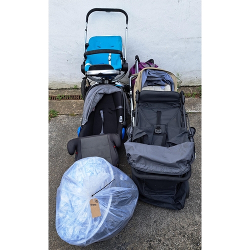 18 - SELECTION OF FIVE PRAMS/ BUGGIES, ONE CAR SEAT, ONE BOOSTER SEAT AND ONE BAG OF ACCESSORIES
includin... 