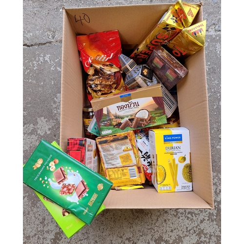 40 - ONE BOX OF CONSUMABLE ITEMS
including chocolate, biscuits, noodles, spices, sweets