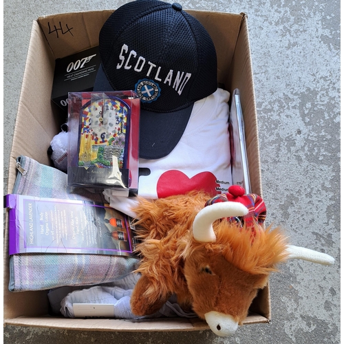 44 - ONE BOX OF NEW ITEMS
including soft toys, toiletries, clothing, souvenirs, water bottles, clock, pai... 