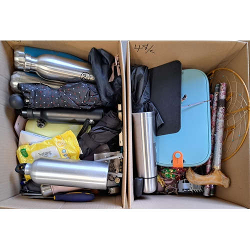 48 - TWO BOXES OF MISCELLANEOUS ITEMS
including umbrellas, water bottles, walking sticks, dream catcher, ... 