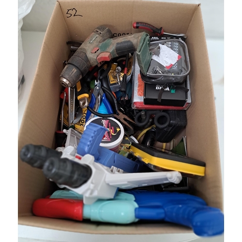 52 - ONE BOX OF MISCELLANEOUS ITEMS
including toys, cleaning products, toy guns, socket sets, tools