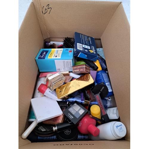 63 - ONE BOX OF COSMETIC AND TOILETRY ITEMS
including Benefit, Chloe, Paco Rabanne, Mac, YSL, Clarins, Bo... 