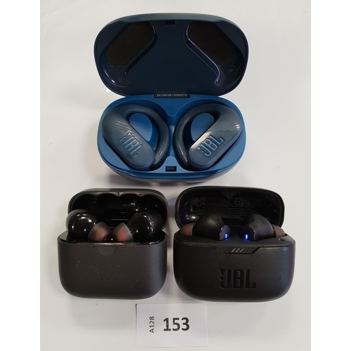 TWO PAIRS OF JBL AND ONE PAIR OF SOUNDCORE EARBUDS
in charging cases