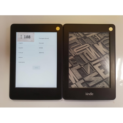 188 - TWO AMAZON KINDLE E-READERS
comprising a Paperwhite 3, serial number G090 G105 8063 0693; and a Pape... 