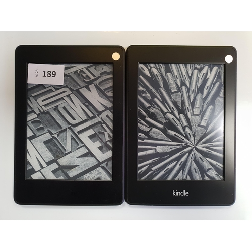 189 - TWO AMAZON KINDLE E-READERS
comprising a Paperwhite 3, serial number G090 G105 5225 01CD; and a Pape... 