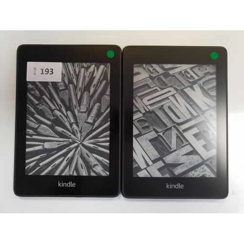 193 - TWO AMAZON KINDLE E-READERS
comprising two Paperwhite 4, serial numbers G000 T614 1232 0CJV, G000 PP... 