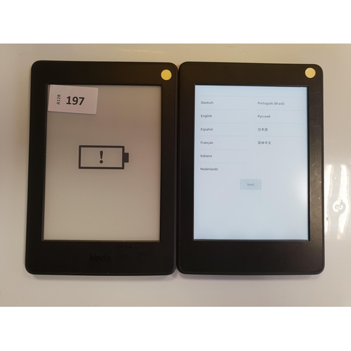 197 - TWO AMAZON KINDLE E-READERS
comprising two Paperwhite 3, serial numbers G090 G105 6273 0KJM, G090 G1... 