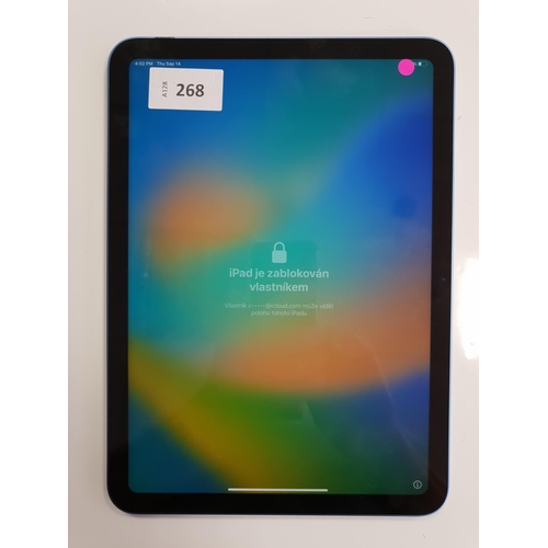 268 - APPLE IPAD 10TH GENERATION - A2696 - WIFI 
serial number DHR6Q2Y435. Apple account locked.
Note: scr... 