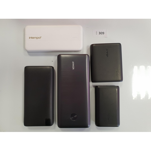 309 - SELECTION OF FIVE POWERBANKS
including Anker, Intempo