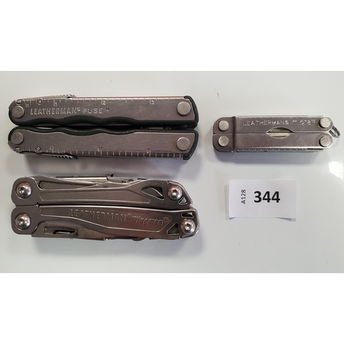 344 - THREE LEATHERMAN MULTI-TOOLS
comprising a Fuse, Wingman (personalised), and a Micra (3)
Note: You mu... 