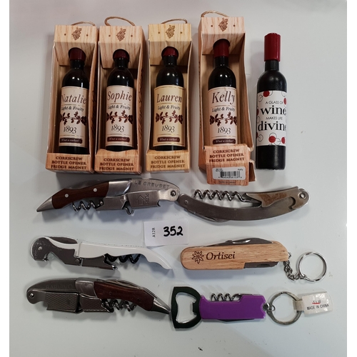 352 - SELECTION OF ELEVEN CORK SCREWS AND BOTTLE OPENERS
Note: you must be over the age of 18 to bid on th... 