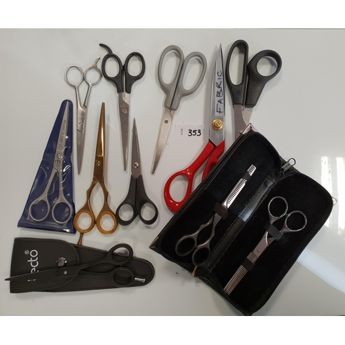 353 - ELEVEN PAIRS OF SCISSORS
including various pairs of hairdresser's scissors
Note: you must be over th... 