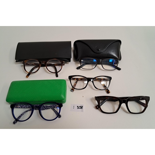 358 - FIVE PAIRS OF DESIGNER GLASSES
comprising Marc Jacobs, Saint Laurent, Polo Ralph Lauren and Moschino... 