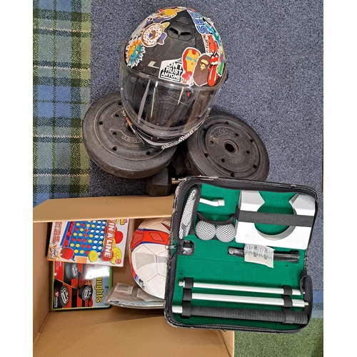 1 - ONE BOX OF SPORTING AND LEISURE ITEMS
including weights, hand weights, games, football, putting set,... 