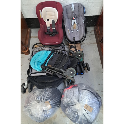 100 - SELECTION OF THREE PRAMS/ BUGGIES, TWO CAR SEATS AND TWO BAGS OF ACCESSORIES
including Joie twin pra... 