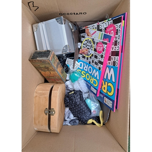 13 - ONE BOX OF MISCELLANEOUS ITEMS
including work gloves, trincket boxes, fabric, quiz books, garden orn... 