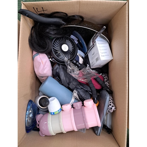 14 - ONE BOX OF MISCELLANEOUS ITEMS
including water bottles, stationary, frying pan, tripod fan, wig