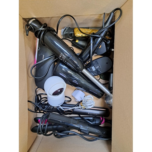 20 - ONE BOX OF ELECTRICAL ITEMS
including hair straighteners, hair tongs, hair dryer, nanny camera, blen... 