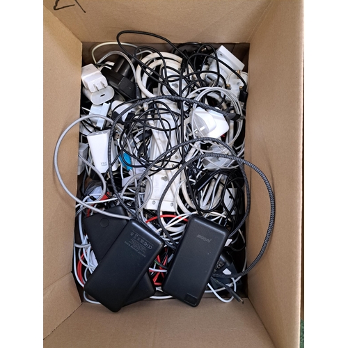 21 - ONE BOX OF CABLES, PLUGS,CHARGERS AND POWER BANKS
including three powerbanks