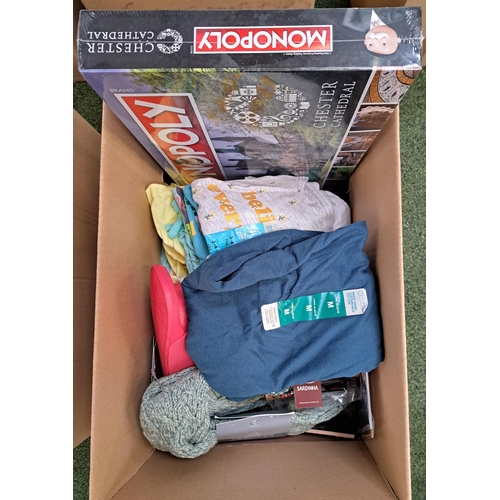 23 - ONE BOX OF NEW ITEMS
including baby clothes, Chester Cathedral Monopoly, snood, water bottle, souven... 