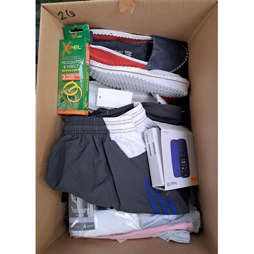 26 - ONE BOX OF NEW ITEMS
including clothing, shoes, Nokia mobile