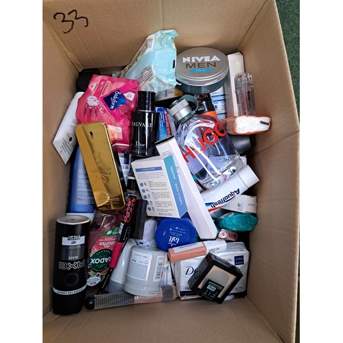 33 - ONE BOX OF COSMETIC AND TOILETRY ITEMS
including Dior, Paco Rabanne, Rimmel London, Hugo Boss, Bobbi... 