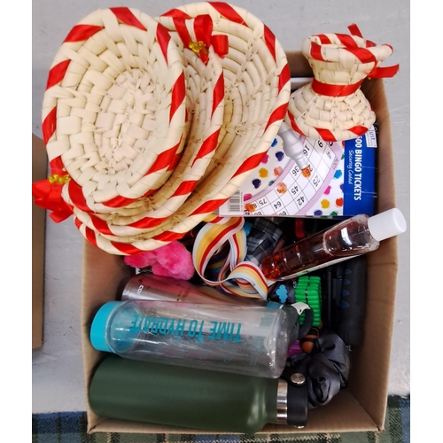 38 - ONE BOX OF MISCELLANEOUS ITEMS
including water bottles, umbrellas, cleaning products, souvenirs, bin... 