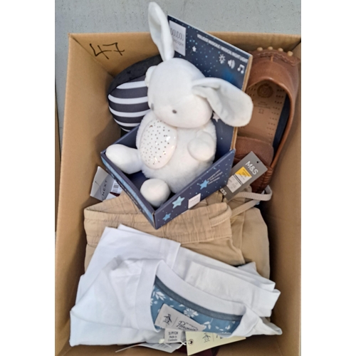 47 - ONE BOX OF NEW ITEMS
including clothing, travel pillow, gents shoes, musical night light
