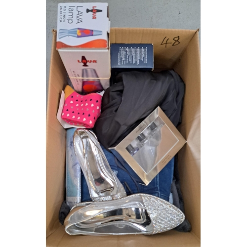 48 - ONE BOX OF NEW ITEMS
including lava lamp, clothing, hand weights, shoes, embroidery set, aftershave