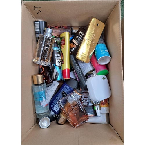 5 - ONE BOX OF COSMETIC AND TOILETRY ITEMS
including Lacoste, Gucci, Hugo Boss, Paco Rabanne, Victoria S... 