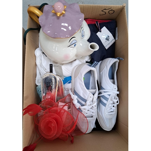 50 - ONE BOX OF NEW ITEMS
including clothing, shoes including Adidas trainers (7 1/2), Mrs Potts tea pot
