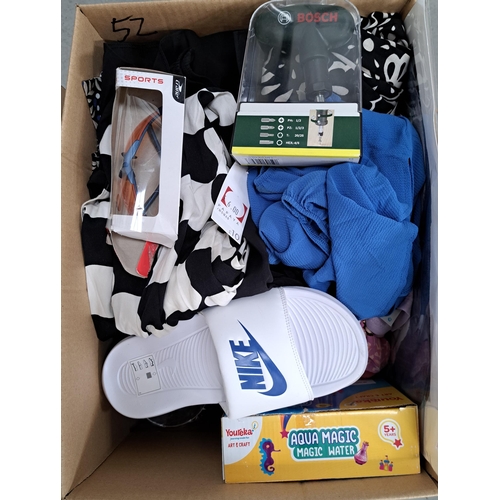 52 - ONE BOX OF NEW ITEMS
including clothing, poster, Bosch screwdriver, cycling glasses, Nike sliders