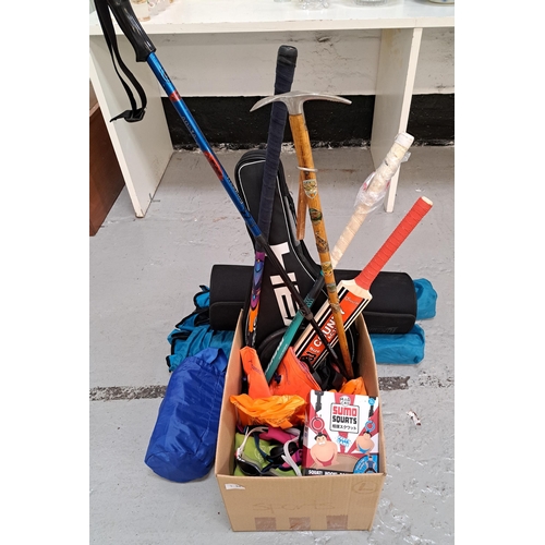 54 - ONE BOX OF SPORTING AND LEISURE ITEMS
including tennis racket, yoga mat, blowup bed, cricket bat, in... 