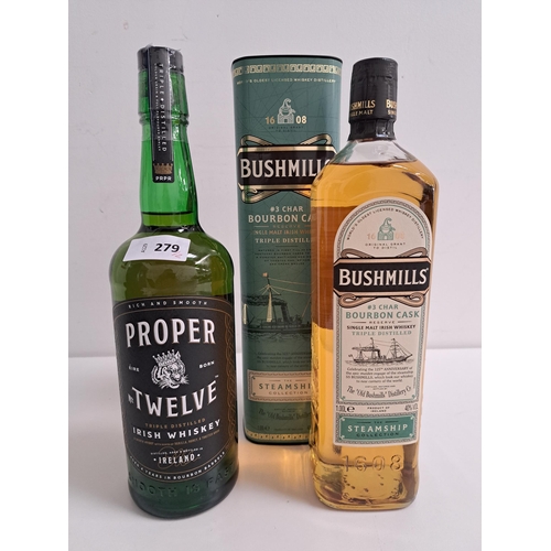 279 - TWO BOTTLES OF WHISKEY
comprising boxed Bushmills Single Malt Irish whiskey (1L, 40%) and Proper No.... 