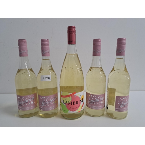 280 - FIVE BOTTLES OF LAMBRINI 
four bottles of 750ml and one 1.25L bottle, all 6%
Note: you must be over ... 