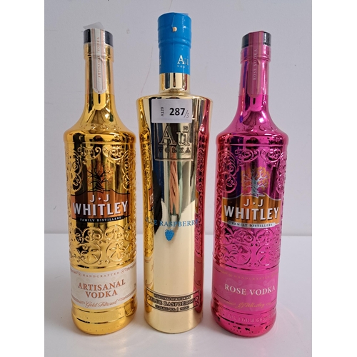 287 - THREE BOTTLES OF VODKA
comprising Au Blue Raspberry vodka (700ml, 35.2%), J.J Whitley Artisanal vodk... 