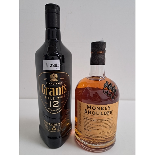 288 - TWO BOTTLES OF WHISKY
comprising Monkey Shoulder Blended Malt Scotch (1L, 40%) and Grant's 12 year B... 