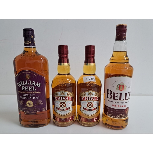 289 - SELECTION OF WHISKY
comprising two Chivas Regal Blended 12 year Scotch (700ml, 40%), William Peel Bl... 