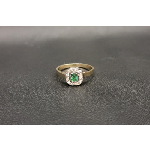 98 - EMERALD AND DIAMOND CLUSTER RING 
the central oval cut emerald in a bezel setting, with a twelve dia... 