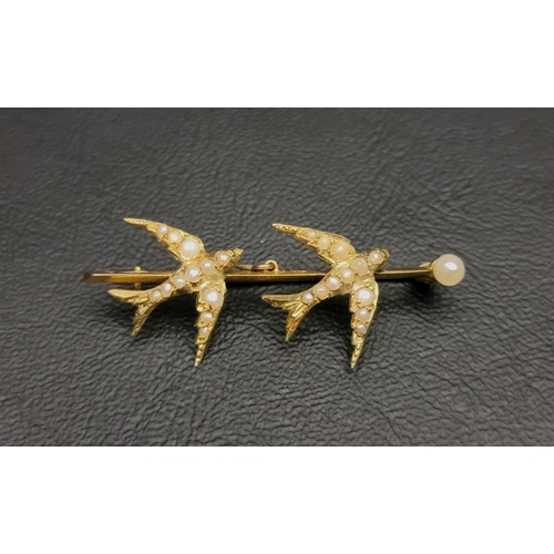 91 - SEED PEARL SET BAR BROOCH
late 19th/early 20th century, the seed pearls set to the two flying birds,... 