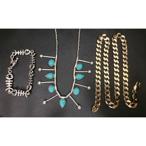 84 - SELECTION OF SILVER JEWELLERY
comprising a turquoise set silver necklace, a silver bracelet with fis... 