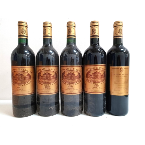 321 - CHATEAU BATAILEY GRAND CRU CLASSE PAULILLAC
5 bottles - 1x 2001 (12.5%), 1x 2002 (13%), 1x 2003 (13%... 