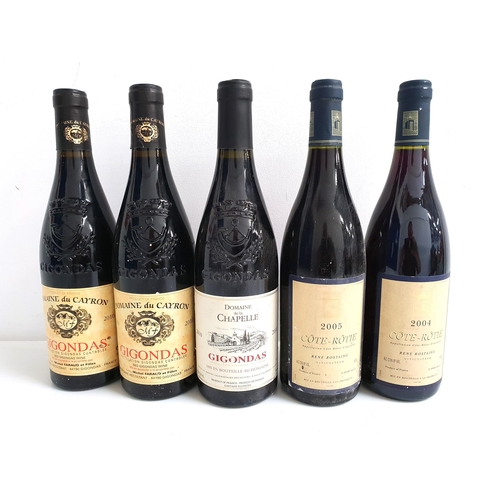 332 - FIVE BOTTLES OF FRENCH RED WINE
comprising two bottles of Rene Rostaing Cote Rotie - 1x 2004 (12.5%)... 