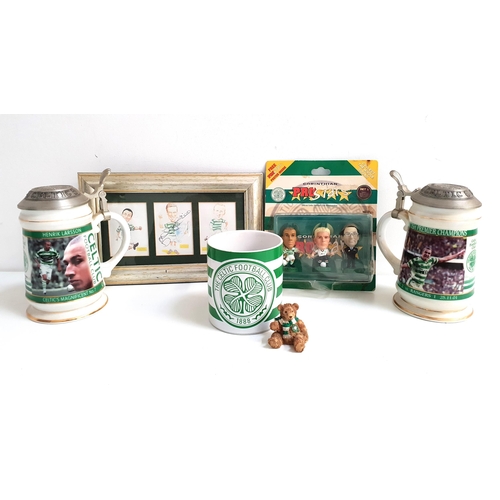 243 - CELTIC FOOTBALL CLUB INTREST
comprising two pewter lidded tankards, large mug, three framed caricatu... 