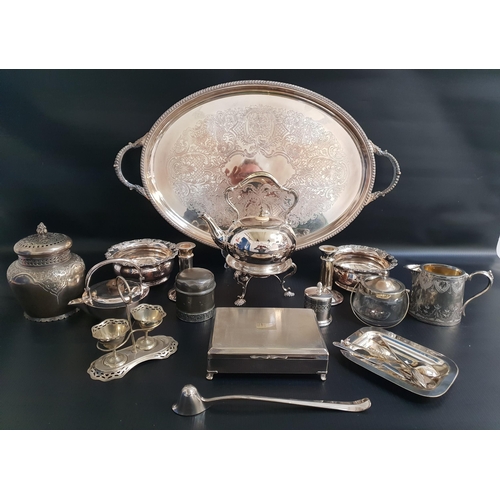 128 - SELECTION OF SILVER PLATE
including a large oval tray, spirit kettle on stand, cigarette box, pair o... 