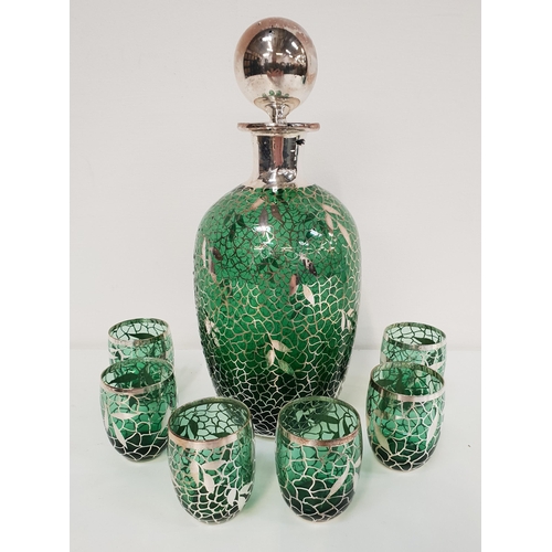 164 - ARGENTO SILVER OVERLAY DECANTER
and stopper in green and decorated with vines, together with six mat... 