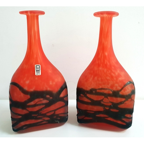 168 - PAIR OF MDINA RED GLASS VASES
with irregular black overlay, 23.5cm high