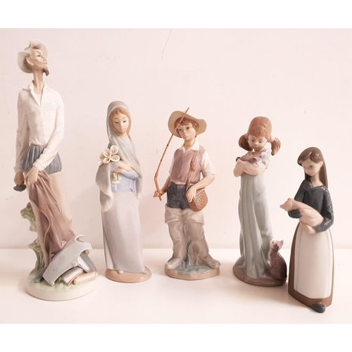 190 - FIVE LLADRO FIGURINES
comprising Don Quixote 1385, 29.5cm high, girl with lillies 4650, 23cm high, f... 