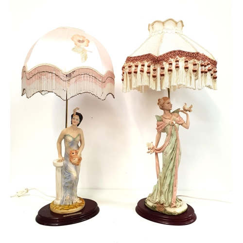 220 - TWO RESIN TABLE LAMPS
one depicting a Parisian lady in a ball gown holding a cat, with a shaped shad... 